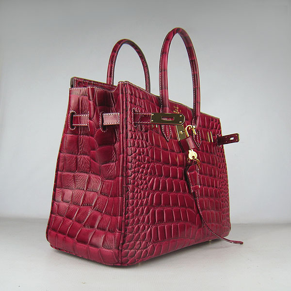 High Quality Fake Hermes Birkin 35CM Crocodile Veins Leather Bag Wine 6089